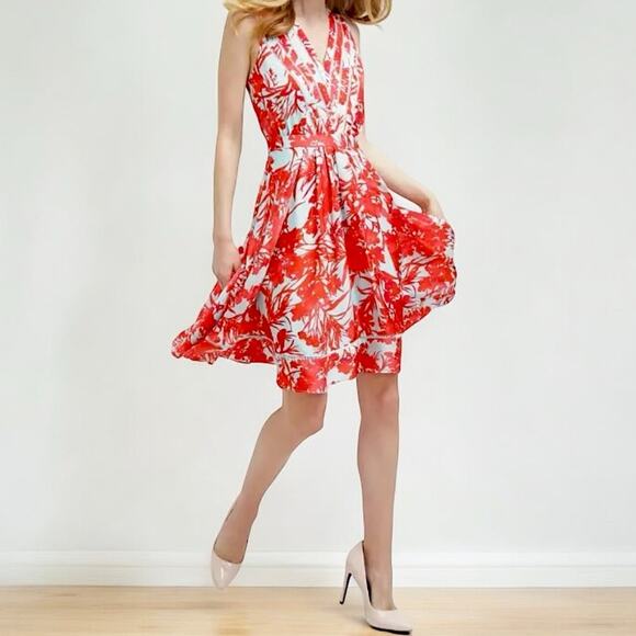 Banana Republic Floral Pleated Dress in Candy Apple Red & Aqua Teal Size 0 - Picture 6 of 6